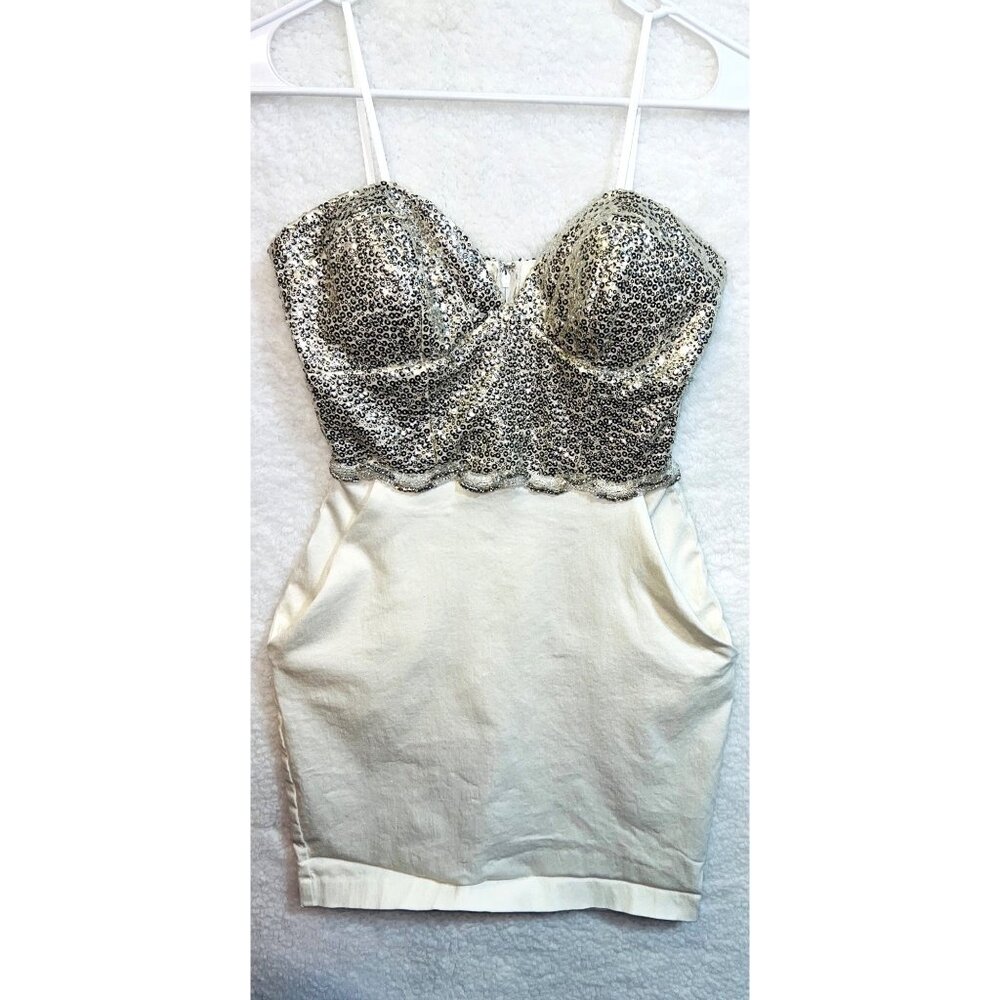 City Studio Silver Sequin & White Mini Dress w Spaghetti Straps and Pockets Sz 7